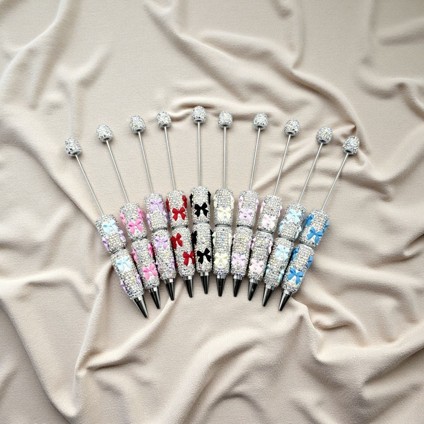Full Rhinestone DIY Beaded Ballpoint Pen, Multi Color Crystal Bow & Heart Charms, Heavy Craft Soft Clay Mochi Bead Pens, Kawaii Aesthetic Stationery Wholesale Bulk