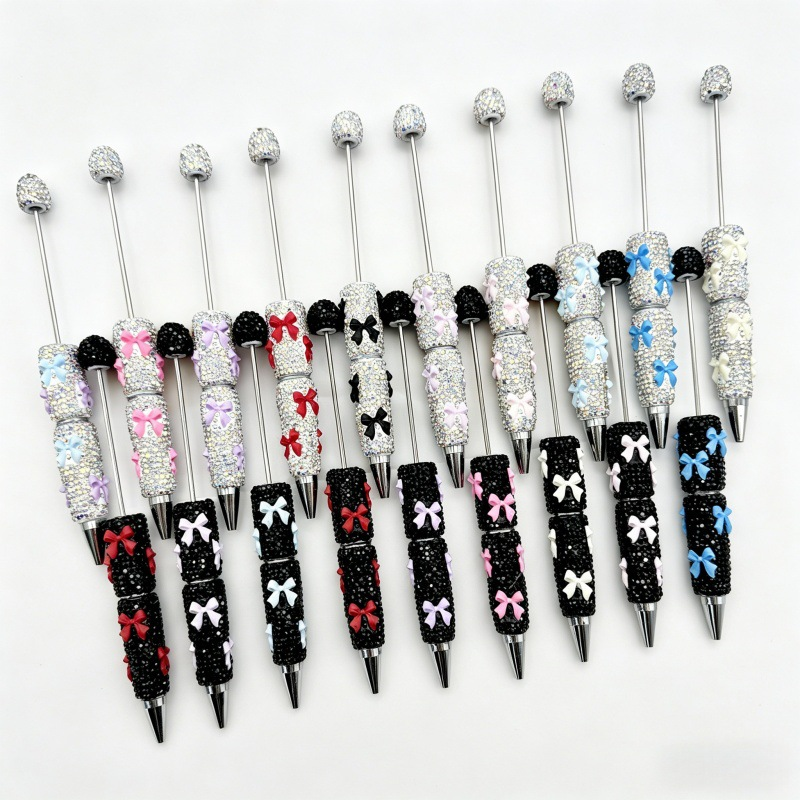 Full Rhinestone DIY Beaded Ballpoint Pen, Multi Color Crystal Bow & Heart Charms, Heavy Craft Soft Clay Mochi Bead Pens, Kawaii Aesthetic Stationery Wholesale Bulk