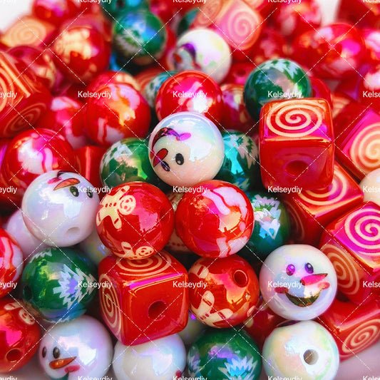 【A012】16mm Christmas electroplated round bead square bead