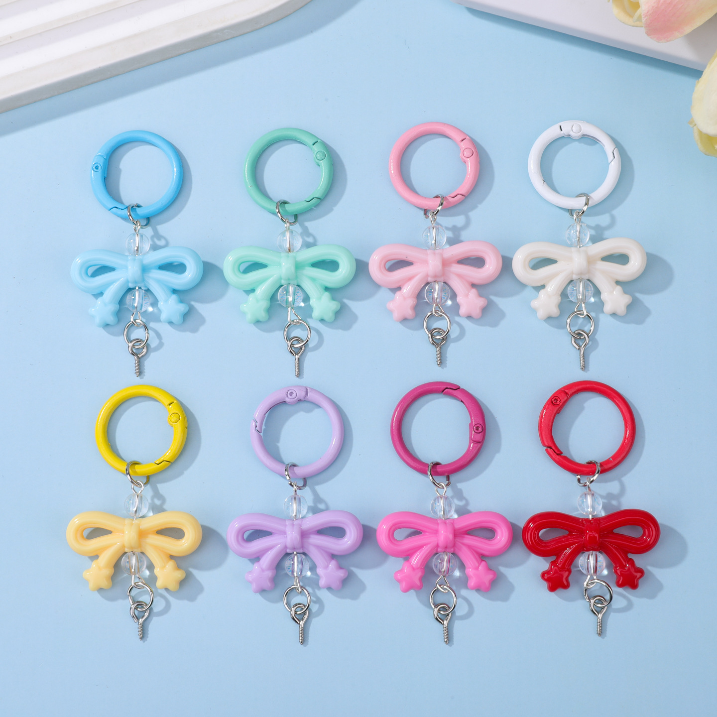 Candy Color Resin Bow Keychain Charms DIY Colorful Bow Beaded Keyring Accessories Cute Butterfly Bag Pendant for Handmade Crafts