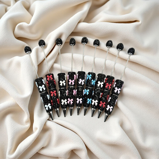 【B010】Full Rhinestone DIY Beaded Ballpoint Pen, Multi Color Crystal Bow & Heart Charms, Heavy Craft Soft Clay Mochi Bead Pens, Kawaii Aesthetic Stationery Wholesale Bulk