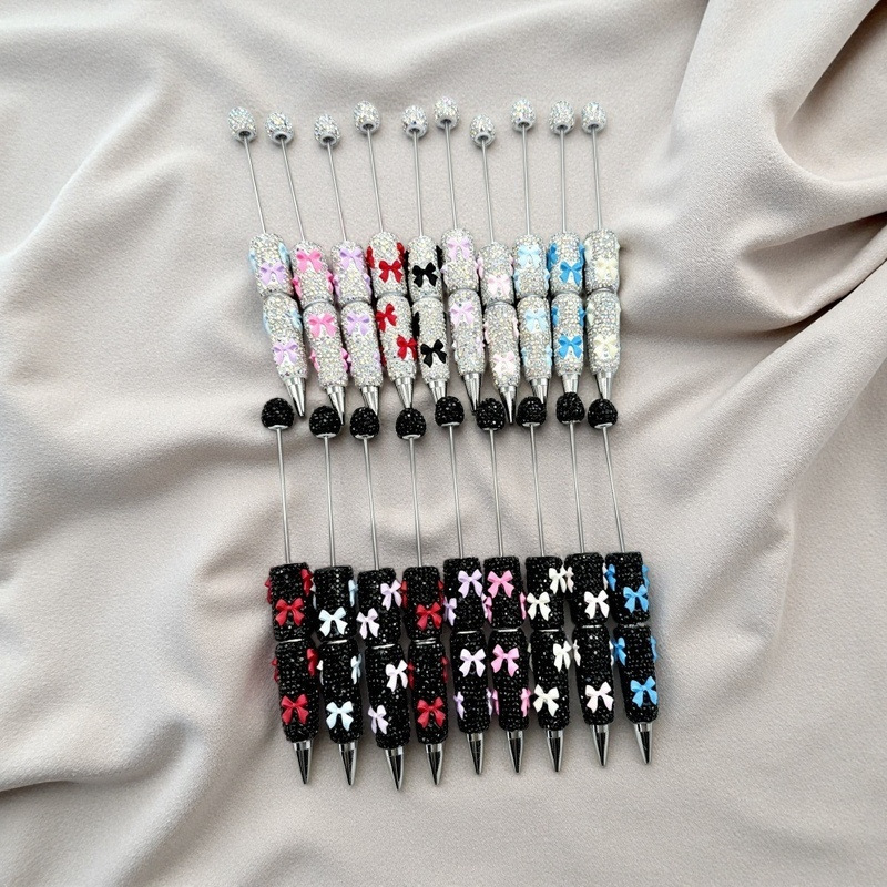 Full Rhinestone DIY Beaded Ballpoint Pen, Multi Color Crystal Bow & Heart Charms, Heavy Craft Soft Clay Mochi Bead Pens, Kawaii Aesthetic Stationery Wholesale Bulk