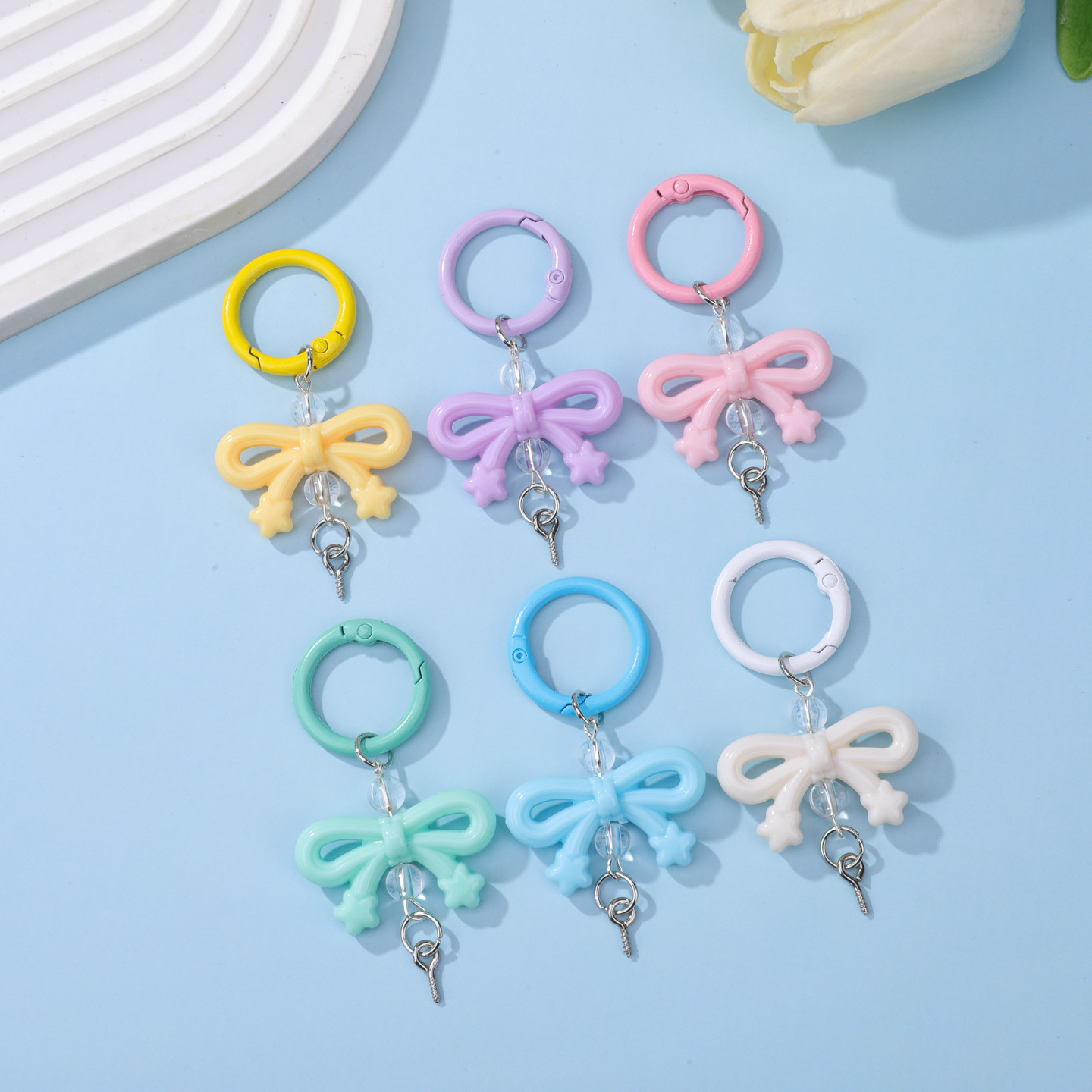 Candy Color Resin Bow Keychain Charms DIY Colorful Bow Beaded Keyring Accessories Cute Butterfly Bag Pendant for Handmade Crafts