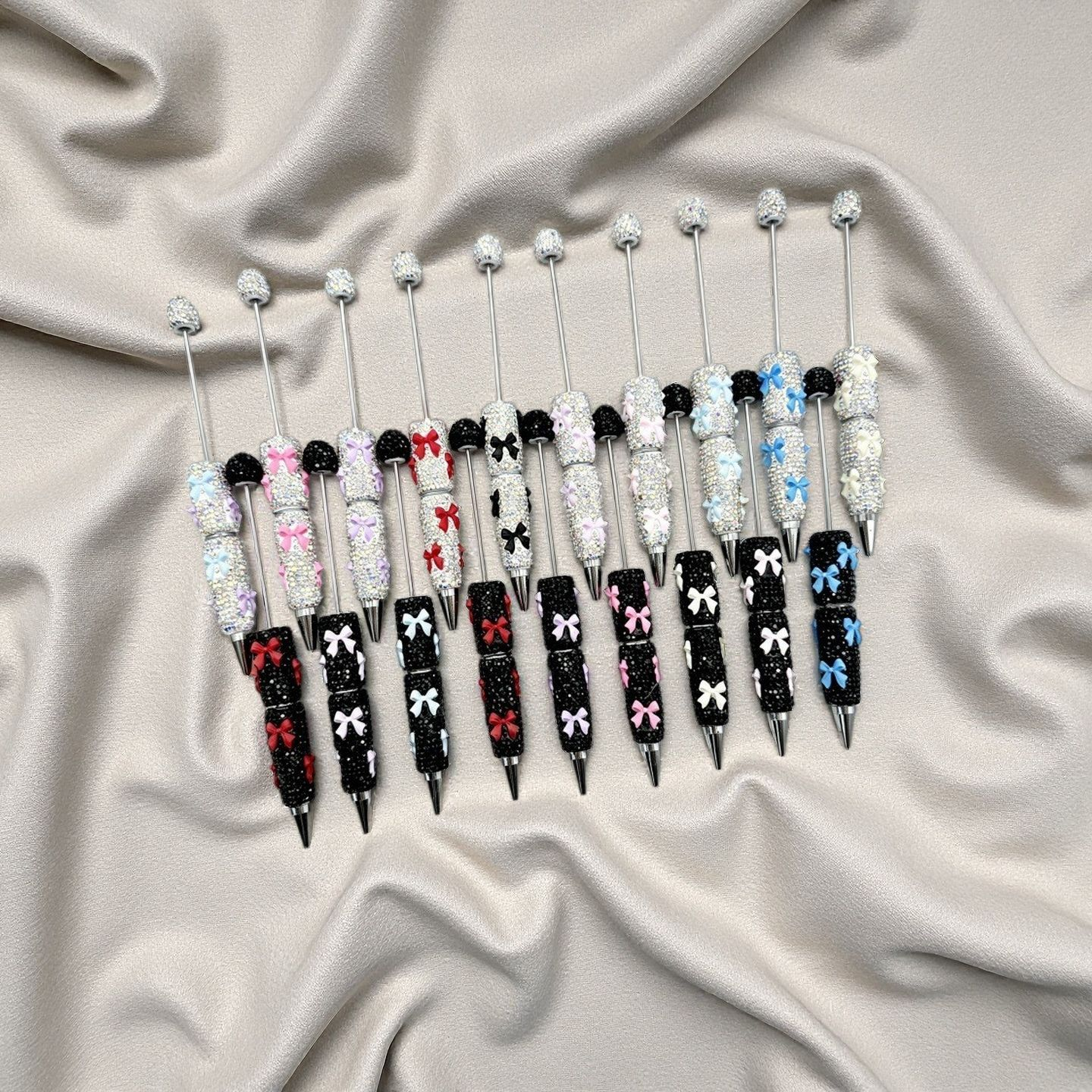 Full Rhinestone DIY Beaded Ballpoint Pen, Multi Color Crystal Bow & Heart Charms, Heavy Craft Soft Clay Mochi Bead Pens, Kawaii Aesthetic Stationery Wholesale Bulk